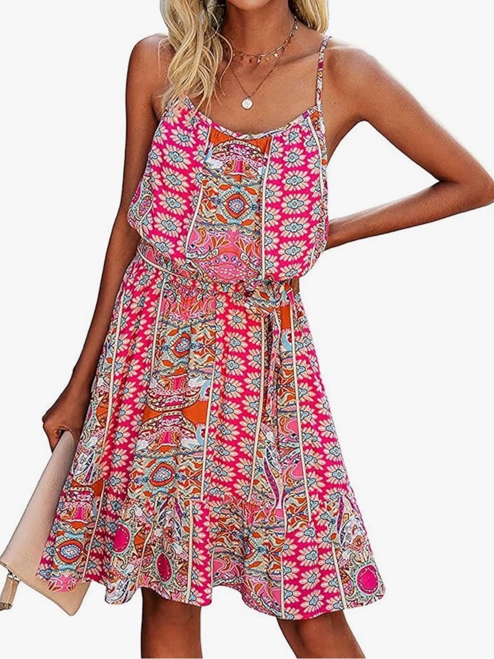 Women’s Pink Printed Sundress with Spaghetti Straps